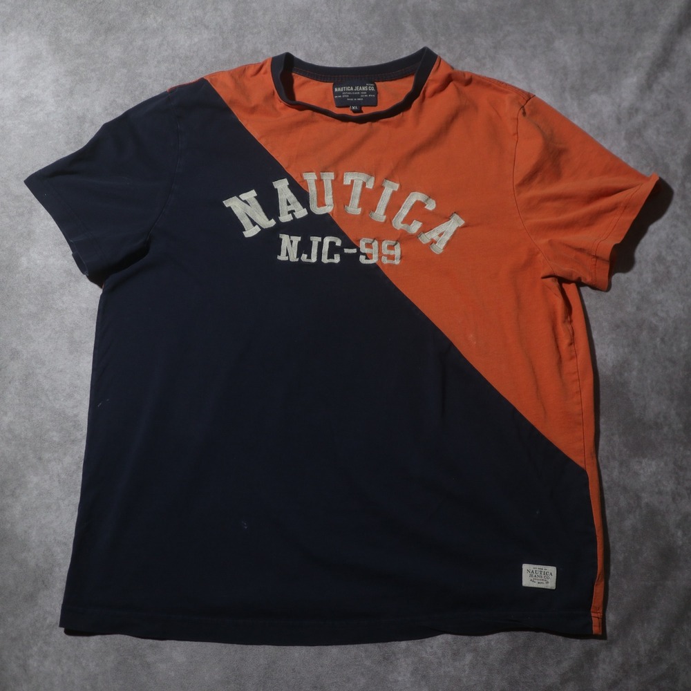 Nautica Jeans Co Mens XL T-Shirt Colorblock Navy Orange NJC-99 Graphic Tee
